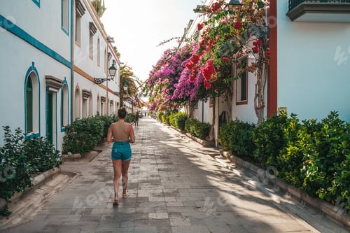 Preview: Young tourist walking by a pintoresque village in Gran Canaria