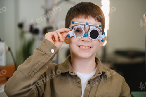 Preview: Boy undergoing vision diagnostics testing by ophthalmologist in clinic