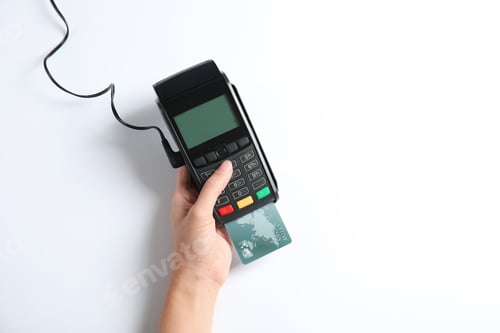 Preview: Woman using modern payment terminal on white background, top view. Space for text