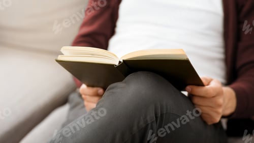 Vista previa: Unrecognizable Man Sitting on Couch Reading a Book