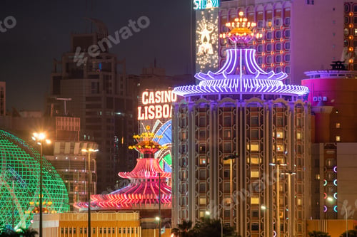 Preview: Macau city modern building landscape or cityscape at night, Casino of Asia travel landmark