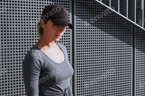 Preview: Portrait of confident woman athlete black baseball cap outdoor