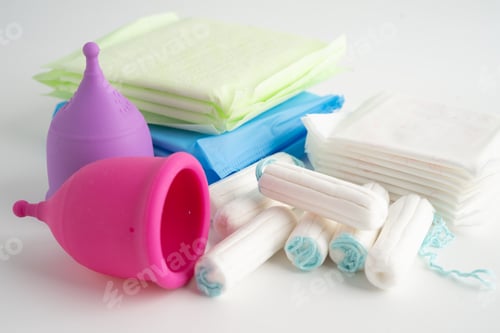 Preview: Menstruation cycle with sanitary pad and cotton tampon for woman hygiene and protection.