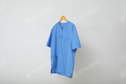 Preview: Blue Scrub Top Hanging on Wooden Hanger