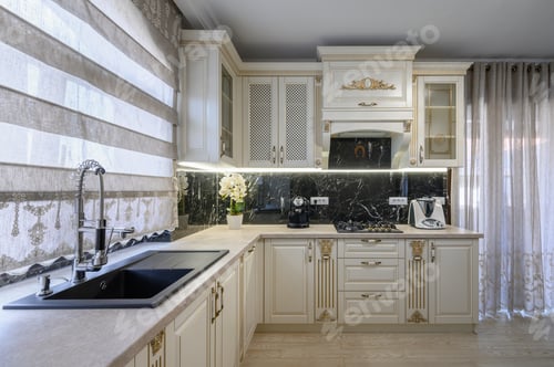 Preview: White classic cozy kitchen and dining room in city house