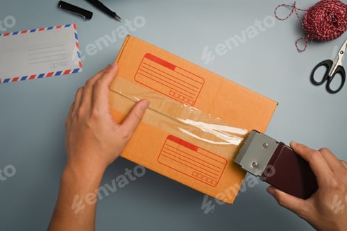 Preview: Above view of man hands sealing cardboard boxes with tape.