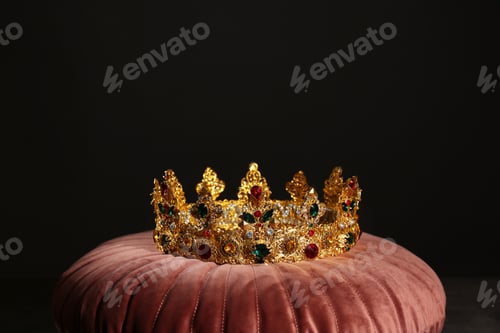 Preview: Beautiful golden crown on pink velvet pillow. Fantasy item