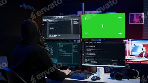 Preview: Close up of hacker running code in apartment on PC monitors