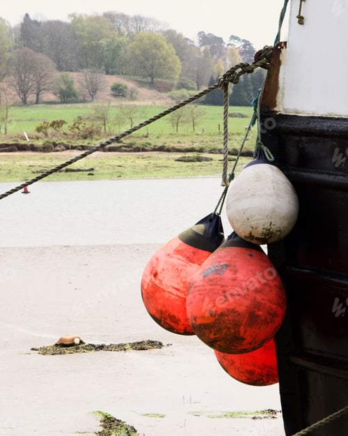 Preview: Closeup of the bow of a boat with three buoys