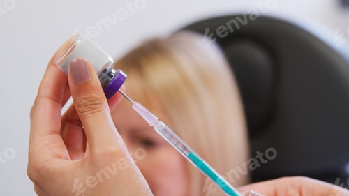Preview: Close Up Of Beautician Or Doctor Filling Syringe Before Giving Patient Botox Injection