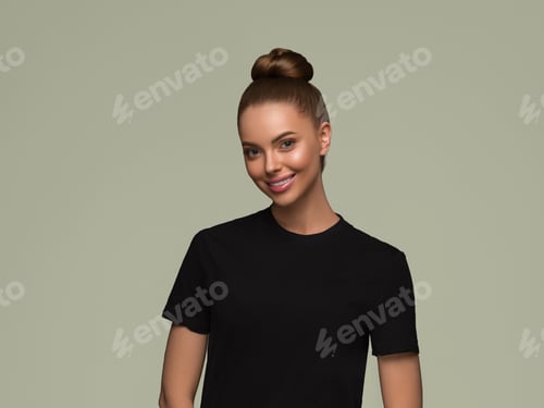 Preview: Beautiful woman black dress classic bob hairstyle over color background green