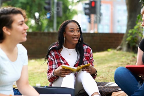 Preview: Female students chatting on college campus