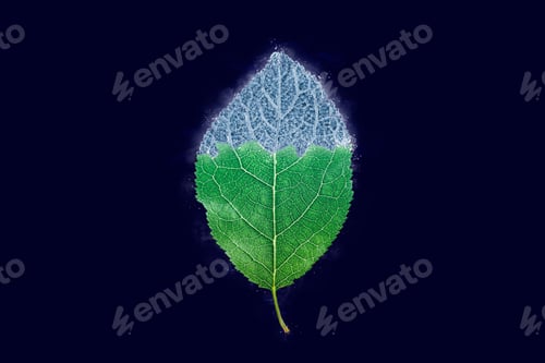 Preview: One freezing plum tree green leaf on dark blue background, blue ice covered effect on leaf