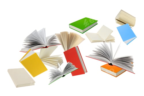 Preview: Books of various colors are shown open and closed, on white