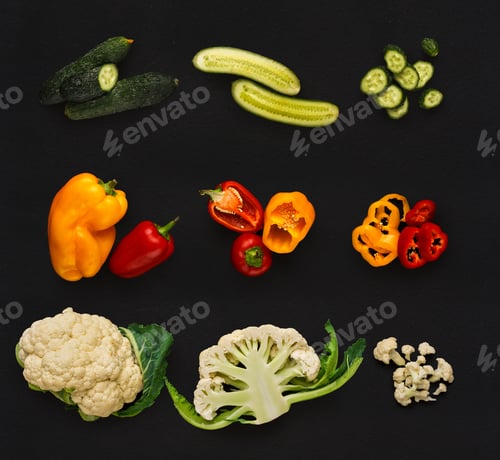 Preview: Collage of various vegetables on black background, isolated