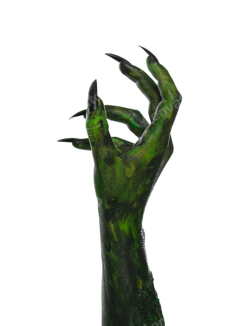 Preview: Scary monster on white background, closeup of hand. Halloween character