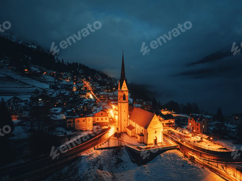 Preview: Aerial drone view of the San Lorenzo Church illuminated at night