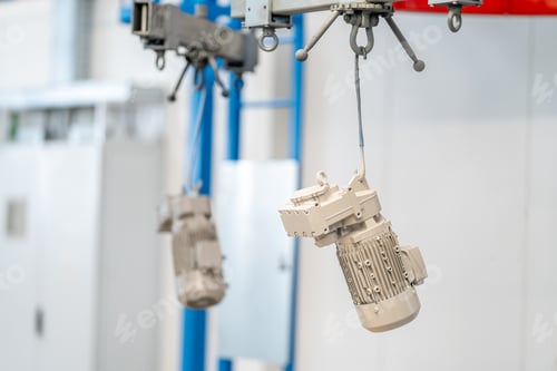 Preview: grey electric motors hung on the production line of the factory