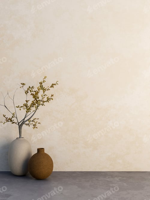 Preview: Decorative tree branch in oval vase on grey cement floor aside white old vintage plaster peeled wall