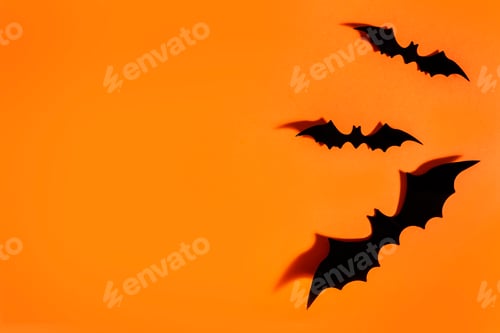Preview: Halloween background flat lay. Scary bats on orange paper backdrop. Minimal clean design layout.