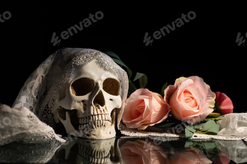 Preview: Human skull and flowers. Day of the dead, Dia de los muertos character.