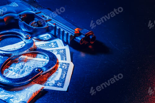 Preview: Gun and judge's gavel on the table. Crime, robbery, attack concept