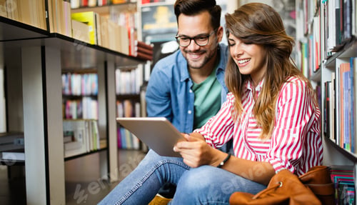 Preview: Group of happy students reading books and preparing to exam in library