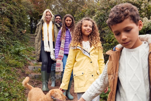 Preview: Multi-Cultural Family Walking Down Steps In Countryside With Dog On Winter Beach Vacation