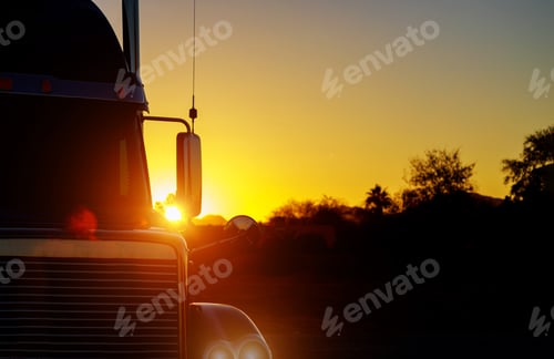 Preview: Close up shot the front of a truck against sunset in the background.