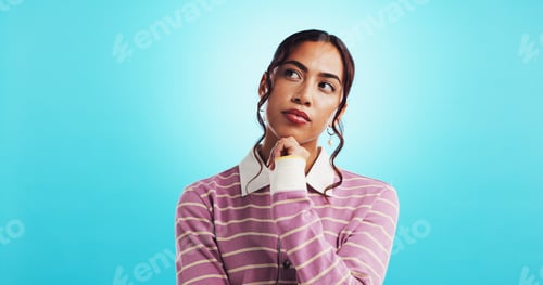 Preview: Girl, serious and thinking of solution in studio with contemplating, decision and unsure of choice.