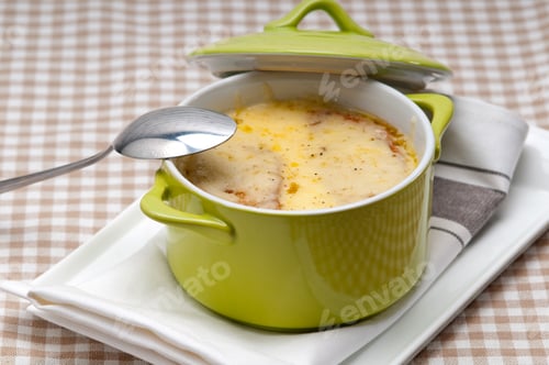 Preview: onion soup with melted cheese and bread on top