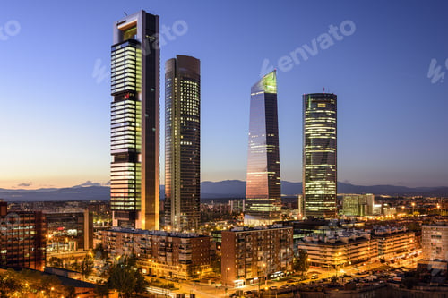 Preview: Madrid, Spain Financial District Skyline At Twilight.