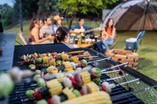 Preview: Group of diverse friend having outdoors camping party together in tent.