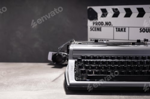 Preview: vintage retro typewriter, film camera and movie clapper board