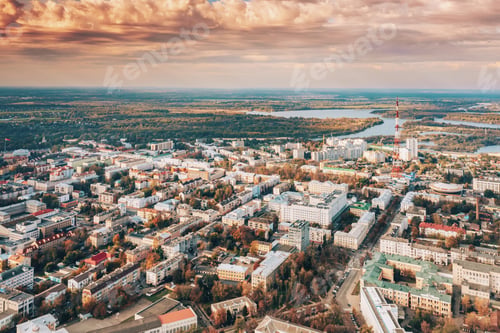 Preview: Aerial view of Homiel cityscape skyline in autumn sunny day. Bird's-eye view of Gomel TV tower