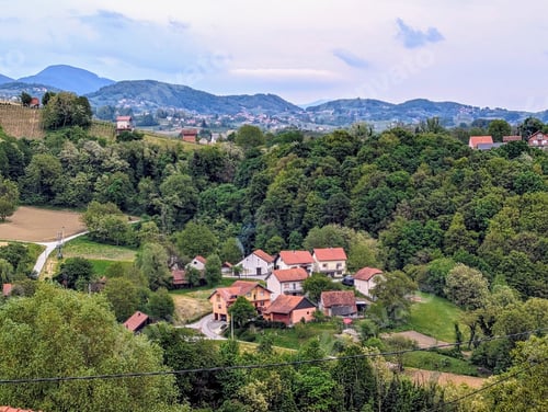 Preview: Beautiful green landscape, vineyards and houses at Klenice, Croatia, Hrvatsko zagorje, agricultural