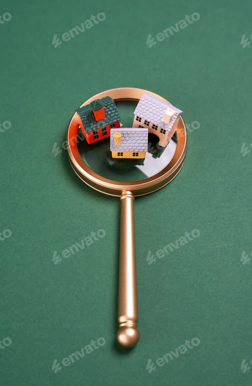 Preview: Houses on a magnifying glass. Buying a house. Monitoring and researching housing. Urbanism