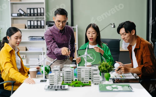 Preview: business team people planning and discussing on recycle reduce reuse policy symbol