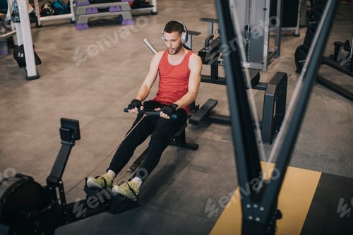 Preview: Young man doing workouts on a back with power exercise machine in a gym club