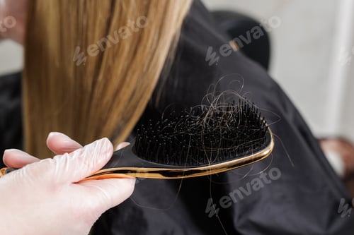 Preview: Hair loss concept with strands on brush during salon detangling