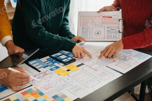 Preview: UX graphic designer planning application process development prototype wireframe for web smart phone