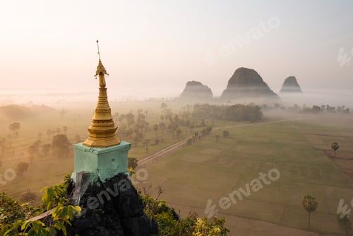 Preview: Misty mountains and Kaw Gon Pagoda, Hsipaw, Shan State, Myanmar