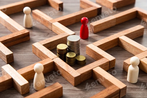 Preview: Group of coins heaps in the maze game built by wood blocks, find a way to money resource concept