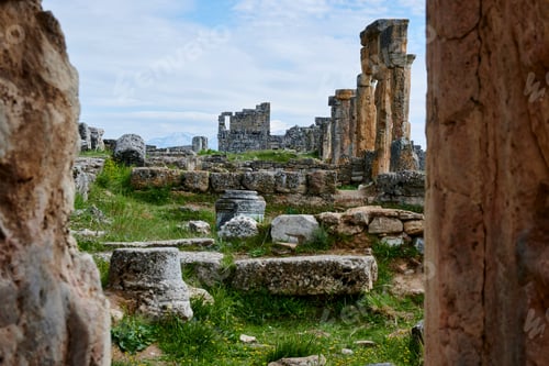 Preview: Ancient city of Hierapolis, near stunning landscape of Pamukkale's Cotton Castle in Aegean Turkey
