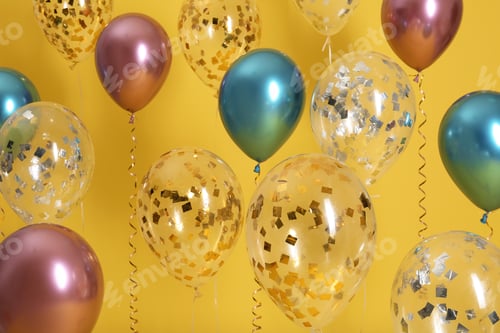 Preview: Bright balloons with ribbons on color background