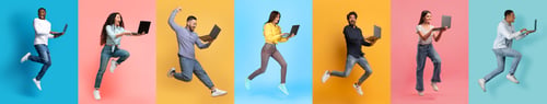 Preview: Energetic Group of People Jumping With Laptops Against Colorful Backgrounds