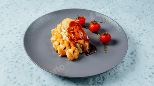 Preview: Closeup shot of a gourmet dish with prawns, meat and tomatoes on a table