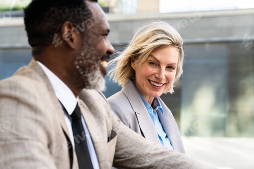 Preview: Mauture black businessman and middle aged businesswoman talking on an business meeting