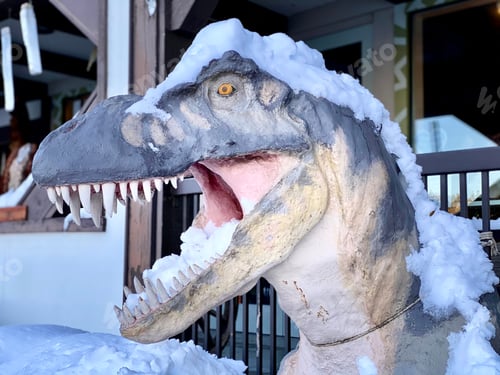 Preview: A Tyrannosaurus Rex sculpture in the snow in front of a local dinosaur shop small business