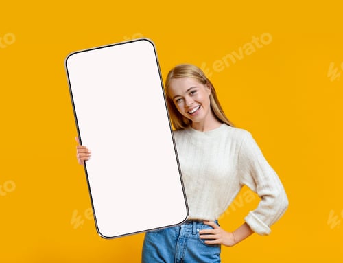 Preview: Mobile Mockup. Beautiful Young Woman With Big Blank Smartphone In Hands